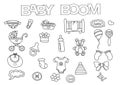 Baby boom elements hand drawn set. Coloring book template. Outline doodle