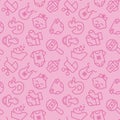 Baby born related pink seamless pattern - outline icons of newborn accessories elements in cute backdrop.