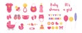 Baby born vector illustration set - various toddler equipment for little girl and decorative elements.