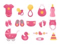 Baby born vector illustration set - various toddler equipment for little girl in flat style. Royalty Free Stock Photo