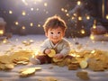 A baby born in the Year of the Golden Dragon is smiling, holding the gold coin in his hand, in the style of cartoon