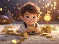 A baby born in the Year of the Golden Dragon is smiling, holding money in his hand, in the style of cartoon