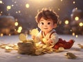 A baby born in the Year of the Golden Dragon is smiling, holding money in his hand, in the style of cartoon