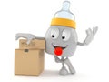 Baby bottle character with stack of boxes Royalty Free Stock Photo
