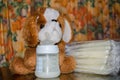 Baby bottle with fresh expresed milk, frozen breastmilk in storage bags and soft toy dog