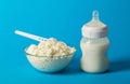 Baby bottle with milk for feeding. A plate with dry milk mixture with bifidobacteria, protein component and