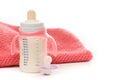 Baby bottle, pacifier and blanket Royalty Free Stock Photo