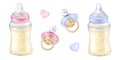 Baby Bottle and Pacifier set Watercolor illustration. Hand drawn clip art on white isolated background. Drawing of blue Royalty Free Stock Photo