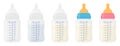 Baby bottle set. Vector flat illustration of filled and empty newborn baby plastic milk bottles with silicone and latex nipples