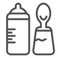 Baby bottle and spoon line icon. Bottle with teat and spoon vector illustration isolated on white. Baby nutrition