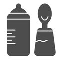 Baby bottle and spoon solid icon. Bottle with teat and spoon vector illustration isolated on white. Baby nutrition glyph