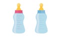 Baby bottle vector illustration set - plastic or glass container with nipple for feeding of newborn in flat style.