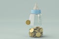 Baby bottles bank and gold coin on blue background. 3d illustration
