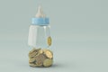 Baby bottles bank and gold coin on blue background. 3d illustration