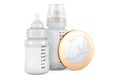 Baby bottles with euro coin, 3D rendering