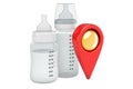 Baby bottles with infant formula with map pointer. 3D rendering