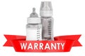 Baby bottles with infant formula, warranty concept. 3D rendering