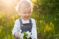 Baby with bouquet of flowers in the garden in sunlight. Cute happy summer blond girl in the garden. Apple blossom Royalty Free Stock Photo