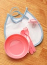 Baby bowl, spoon and fork with dummy