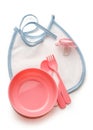 Baby bowl, spoon and fork with dummy