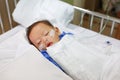 Baby boy age about 1 year old sleeping on patient bed with getting oxygen via nasal prongs to assure oxygen saturation. Intensive