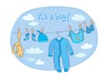 Baby boy announcement card with words `It`s a boy!`