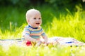 Baby boy with apple on family garden picnic Royalty Free Stock Photo