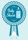 Baby boy arrival, shower, greeting, announcement card with milk bottle. Baby shower invitation card. Vector sticker illustration, Royalty Free Stock Photo