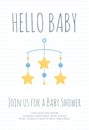 Baby boy arrival and shower invitation template with cot mobile with blue circles and yellow stars. Royalty Free Stock Photo