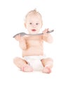 Baby boy with big spoon Royalty Free Stock Photo