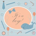 Baby Boy Birth announcement. Baby shower invitation card. Cute whale announces the arrival of a boy Royalty Free Stock Photo