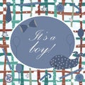 Baby Boy Birth announcement. Baby shower invitation card. Cute whale announces the arrival of boy. Card Design on Teal Background Royalty Free Stock Photo