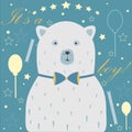 Baby Boy Birth announcement. Baby shower invitation card. Cute White Bear announces the arrival of a baby boy Royalty Free Stock Photo