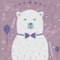 Baby Boy Birth announcement. Baby shower invitation card. Cute White Bear announces the arrival of a baby boy Royalty Free Stock Photo