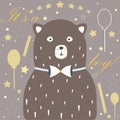 Baby Boy Birth announcement. Baby shower invitation card. Cute White Bear announces the arrival of a baby boy Royalty Free Stock Photo