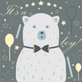 Baby Boy Birth announcement. Baby shower invitation card. Cute White Bear announces the arrival of a baby boy Royalty Free Stock Photo