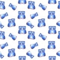 Baby boy blue booties, shoes seamless pattern Watercolor hand draw illustration on white background. Royalty Free Stock Photo