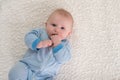 Baby Boy in Blue and White Striped Pajamas Royalty Free Stock Photo