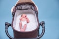 Baby boy in a carriage on a blue background. A naked child in only diapers is lying in a stroller, studio shot Royalty Free Stock Photo