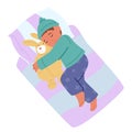 Baby Boy Character Sleeping. In A Cozy Bed, A Cute Little Child Peacefully Sleeps, Hugging Stuffed Animal, Dreams