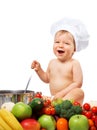 Baby boy in chef hat with cooking pan and vegetables Royalty Free Stock Photo