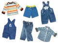 Baby boy clothes collage. Male kid`s wear set. Royalty Free Stock Photo