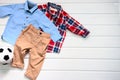 Baby boy clothing set blue shirt, plaid red shirt and brown pan