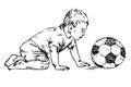 Baby boy is crawling with soft plush football ball toy