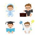 Baby boy dream jobs, professions set. Astronaut, businessmen, teacher, scientist kids.