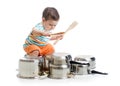 Baby boy drumming playing with pots Royalty Free Stock Photo