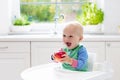 Baby boy eating apple in white kitchen at home Royalty Free Stock Photo