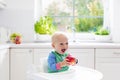 Baby boy eating apple in white kitchen at home Royalty Free Stock Photo