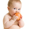 Baby boy eating healthy food isolated