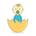 Baby boy in eggshell with pacifier. Newborn human male in hatch